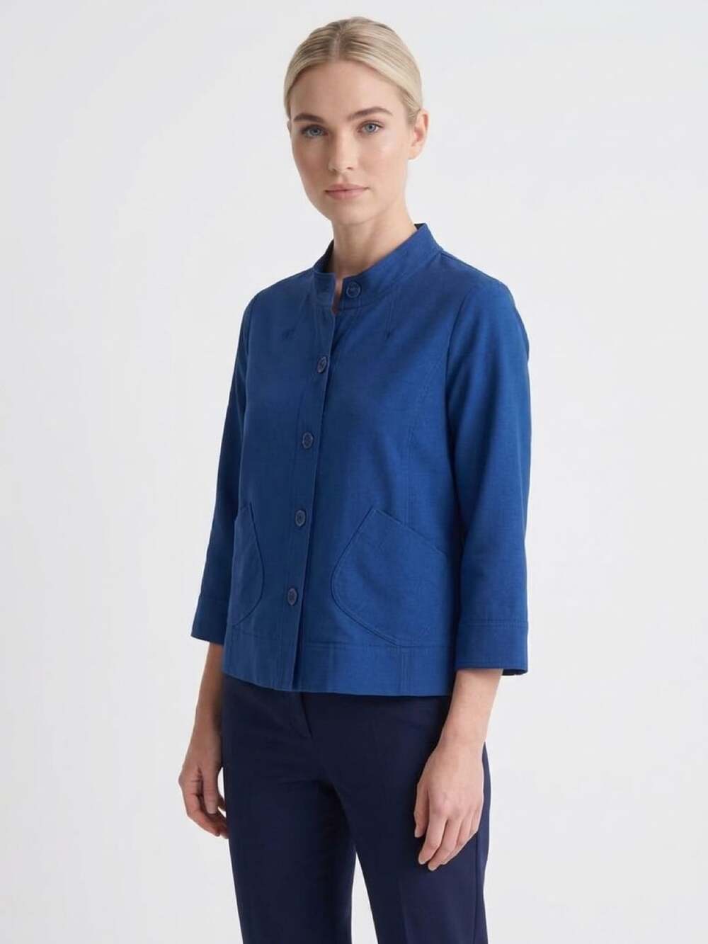 Ellen Tracy Jacket Size 10 Blue Button Front Mock Neck
